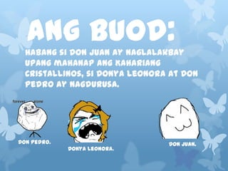 Ang Buod:
  Habang si Don Juan ay naglalakbay
  upang mahanap ang Kahariang
  Cristallinos, si Donya Leonora at Don
  Pedro ay nagdurusa.




Don Pedro.                      Don Juan.
             Donya Leonora.
 