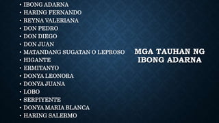 MGA TAUHAN NG
IBONG ADARNA
• IBONG ADARNA
• HARING FERNANDO
• REYNA VALERIANA
• DON PEDRO
• DON DIEGO
• DON JUAN
• MATANDANG SUGATAN O LEPROSO
• HIGANTE
• ERMITANYO
• DONYA LEONORA
• DONYA JUANA
• LOBO
• SERPIYENTE
• DONYA MARIA BLANCA
• HARING SALERMO
 