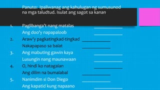 Panuto: Ipaliwanag ang kahulugan ng sumusunod
na mga taludtud. Isulat ang sagot sa kanan.
1. Paglibanga’t nang matalas ____________
Ang doo’y napapaloob ____________
2. Araw’y pagkatingkad-tingkad ____________
Nakapapaso sa balat ____________
3. Ang mabuting gawin kaya ____________
Lusungin nang maunawaan ____________
4. O, hindi ko natagalan ____________
Ang dilim na bumalabal ____________
5. Nanimdim si Don Diego ____________
Ang kapatid kung napaano ____________
 