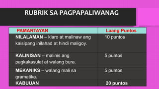 RUBRIK SA PAGPAPALIWANAG
PAMANTAYAN Laang Puntos
NILALAMAN – klaro at malinaw ang
kaisipang inilahad at hindi maligoy.
10 puntos
KALINISAN – malinis ang
pagkakasulat at walang bura.
5 puntos
MEKANIKS – walang mali sa
gramatika.
5 puntos
KABUUAN 20 puntos
 
