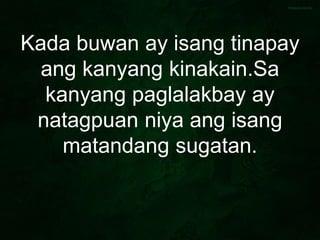 Kada buwan ay isang tinapay
ang kanyang kinakain.Sa
kanyang paglalakbay ay
natagpuan niya ang isang
matandang sugatan.
 