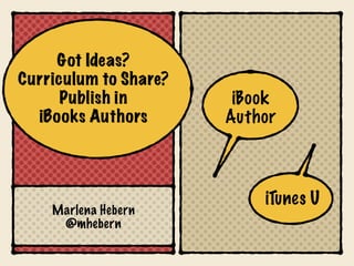 iBook
Author
Marlena Hebern
@mhebern
iTunes U
Got Ideas?
Curriculum to Share?
Publish in
iBooks Authors
Spring CUE 2015
Stay tuned…
And…
 