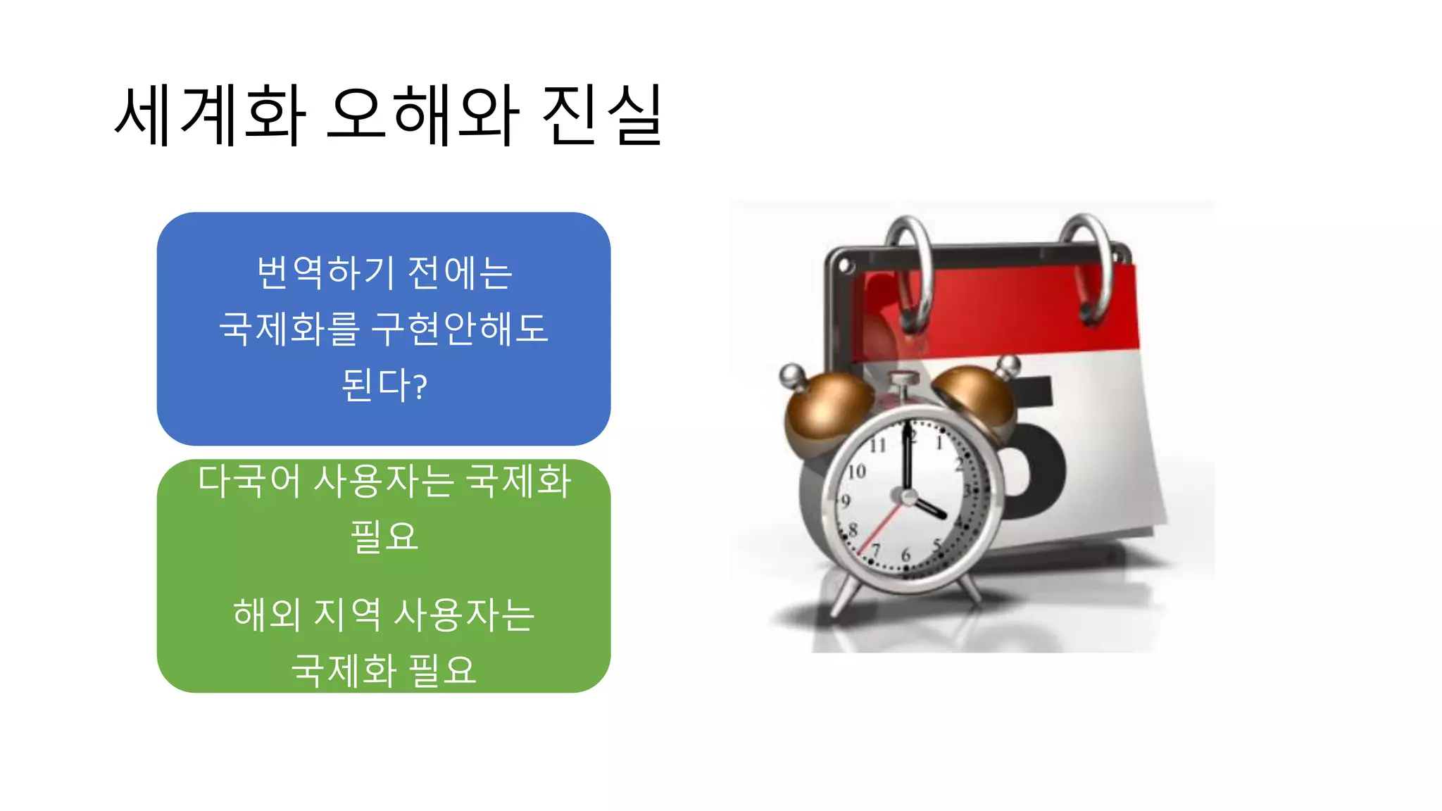 세계화 오해와 진실
번역하기 전에는
국제화를 구현안해도
된다?
다국어 사용자는 국제화
필요
해외 지역 사용자는
국제화 필요
 