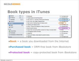Book types in iTunes




                •Book = a book you downloaded from the Internet
                •Purchased book =...