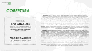 SÃO PAULO • Arujá • Atibaia • Barueri • Biritiba-Mirim • Bom Jesus dos Perdões • Bragança Paulista •
Cabreúva • Caieiras • Cajamar • Campo Limpo Paulista • Carapicuíba • Cotia • Diadema • Eldorado •
Embu • Embu-Guaçu • Ferraz de Vasconcelos • Francisco Morato • Franco da Rocha • Guararema •
Guarulhos • Ibiúna • Igaratá • Itapecerica da Serra • Itapevi • Itaquaquecetuba • Itariri • Itatiba • Itupeva •
Jandira •Jarinu • Joanópolis • Jundiaí • Juquitiba • Louveira • Mairiporã • Mauá • Miracatu • Mogi das Cruzes
• Nazaré Paulista • Osasco • Pedra Bela • Pilar do Sul • Pirapora do Bom Jesus • Poá • Ribeirão Pires • Rio
Grande da Serra • Salesópolis • Santa Isabel • Santana de Parnaíba • Santo André • São Bento do Sapucaí •
São Bernardo do Campo • São Caetano do Sul • São Lourenço da Serra • São Paulo • São Roque • Suzano •
Taboão da Serra • Tapiraí • Vargem Grande Paulista • Várzea Paulista • Vinhedo.
BRASILIA • Brasília • Águas Claras • Brazlândia • Candangolândia • Ceilândia • Cruzeiro • Gama • Guará •
Núcleo Bandeirante • Paranoá • Planaltina • Recanto das Emas • Riacho Fundo • Samambaia • Santa Maria
• São Sebastião • Sobradinho • Taguatinga
CAMPINAS • Araras • Americana • Amparo • Águas de Lindóia • Atibaia • Águas de São Pedro • Artur
Nogueira • Boituva • Bragança Paulista • Campo Limpo Paulista • Capivari • Charqueada • Cordeirópolis •
Conchal • Caieiras • Elias Fausto • Francisco Morato • Holambra • Iracemápolis • Itatiba • Indaiatuba • Itu •
Iperó • Ipeúna • Ibiúna • Itupeva • Jaguariúna • Jundiaí • Jandira • Jarinu • Laranjal Paulista • Limeira
•Lindóia • Louveira • Mogi Guaçu • Mairiporã • Mairinque • Mogi Mirim • Monte Alegre do Sul • Monte Mor •
Mombuca • • Nova Odessa • Piracicaba • Pedreira • Porto Feliz • Pinhalzinho • Pereiras • Paulínia • Pirapora
Bom Jesus • Pedra Bela • Porangaba • Rio Claro • Rio das Pedras • Rafard • Salto • Santa Bárbara d’Oeste
• São Pedro • Sumaré • Sorocaba • • Santa Gertrudes • Santana de Parnaíba • São Roque • Santo
Antonio de Posse • Serra Negra • Tietê • Valinhos • Várzea Paulista • Votorantim • Vinhedo
RECIFE • Abreu e Lima • Araçoiaba • Cabo de Santo • Agostinho Camaragibe • Igarassu • Ipojuca • Ilha de
Itamaracá • Itapissuma • Jaboatão dos Guararapes • Moreno • Olinda • Paulista • São Lourenço da Mata.
SALVADOR • Cidade de Salvador • Camaçari • Candeias • Dias D’Ávila • Itaparica • Jaguaripe • Lauro de
Freitas • Madre de Deus • Piatã • São Francisco do Conde • Simões Filho • Vera Cruz.
170 CIDADES
DE 5 PRAÇAS PROPRIETÁRIAS
MAIS DE 2 MILHÕES
SÃO PAULO | BRASILIA | CAMPINAS
RECIFE | SALVADOR
PRESENÇA EM
DE OUVINTES POR MÊS*
COBERTURA
Fonte: IBOPE / EasyMedia4, nov/16 a jan/17 – *Alcance máximos convencionais e web somados (Todos os dias, 5h às 24h)
 