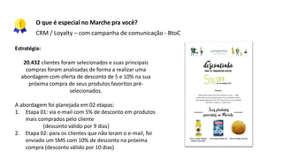 Estratégia:
20.432 clientes foram selecionados e suas principais
compras foram analisadas de forma a realizar uma
abordagem com oferta de desconto de 5 e 10% na sua
próxima compra de seus produtos favoritos pré-
selecionados.
A abordagem foi planejada em 02 etapas:
1. Etapa 01: via e-mail com 5% de desconto em produtos
mais comprados pelo cliente
(desconto válido por 9 dias)
2. Etapa 02: para os clientes que não leram o e-mail, foi
enviado um SMS com 10% de desconto na próxima
compra (desconto válido por 10 dias)
O que é especial no Marche pra você?
CRM / Loyalty – com campanha de comunicação - BtoC
 
