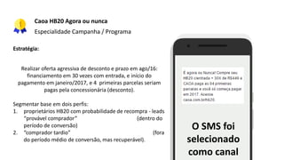 Estratégia:
Realizar oferta agressiva de desconto e prazo em ago/16:
financiamento em 30 vezes com entrada, e início do
pagamento em janeiro/2017, e 4 primeiras parcelas seriam
pagas pela concessionária (desconto).
Segmentar base em dois perfis:
1. proprietários HB20 com probabilidade de recompra - leads
“provável comprador” (dentro do
período de conversão)
2. “comprador tardio” (fora
do período médio de conversão, mas recuperável).
O SMS foi
selecionado
como canal
Caoa HB20 Agora ou nunca
Especialidade Campanha / Programa
 
