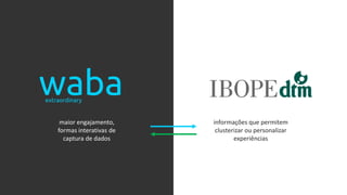 maior engajamento,
formas interativas de
captura de dados
informações que permitem
clusterizar ou personalizar
experiências
 
