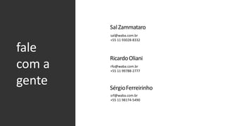 SalZammataro
sal@waba.com.br
+55 11 93028-8332
RicardoOliani
rfo@waba.com.br
+55 11 99788-2777
SérgioFerreirinho
srf@waba.com.br
+55 11 98174-5490
fale
com a
gente
 