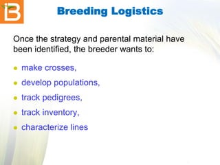 Breeding Logistics
Once the strategy and parental material have
been identified, the breeder wants to:


make crosses,



develop populations,



track pedigrees,



track inventory,



characterize lines

 