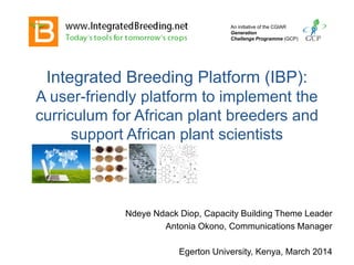 Integrated Breeding Platform (IBP):
A user-friendly platform to implement the
curriculum for African plant breeders and
support African plant scientists
Ndeye Ndack Diop, Capacity Building Theme Leader
Antonia Okono, Communications Manager
Egerton University, Kenya, March 2014
An initiative of the CGIAR
Generation
Challenge Programme (GCP)
 