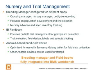 Breeding Management
Trait Dictionaries
Measurement
Variate
Trait property
Reporting
units or scale
Measurement
method
 