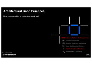 Architectural Good Practices
How to create blockchains that work well
V1.0, 4 October 2019
IBM Blockchain Platform Technical Series
Architectural Good Practices
Modeling Blockchain Applications
What’s New in Technology
Using IBM Blockchain Platform
Technical Introduction
 