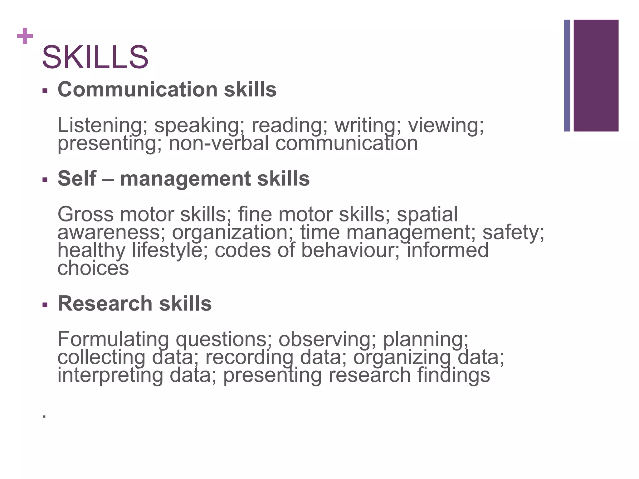 +
    SKILLS
       Communication skills
        Listening; speaking; reading; writing; viewing;
        presenting; non-verbal communication
       Self – management skills
        Gross motor skills; fine motor skills; spatial
        awareness; organization; time management; safety;
        healthy lifestyle; codes of behaviour; informed
        choices
       Research skills
        Formulating questions; observing; planning;
        collecting data; recording data; organizing data;
        interpreting data; presenting research findings
    .
 