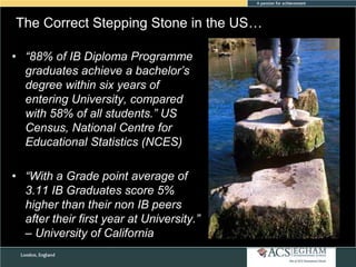 The Correct Stepping Stone in the US…
• ―88% of IB Diploma Programme
graduates achieve a bachelor’s
degree within six years of
entering University, compared
with 58% of all students.‖ US
Census, National Centre for
Educational Statistics (NCES)
• ―With a Grade point average of
3.11 IB Graduates score 5%
higher than their non IB peers
after their first year at University.‖
– University of California

 