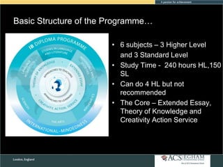 Basic Structure of the Programme…
• 6 subjects – 3 Higher Level
and 3 Standard Level
• Study Time - 240 hours HL,150
SL
• Can do 4 HL but not
recommended
• The Core – Extended Essay,
Theory of Knowledge and
Creativity Action Service

Pg 7

 