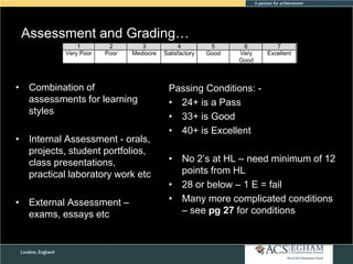 Assessment and Grading…

• Combination of
assessments for learning
styles
• Internal Assessment - orals,
projects, student portfolios,
class presentations,
practical laboratory work etc
• External Assessment –
exams, essays etc

Passing Conditions: • 24+ is a Pass
• 33+ is Good
• 40+ is Excellent
• No 2‘s at HL – need minimum of 12
points from HL
• 28 or below – 1 E = fail
• Many more complicated conditions
– see pg 27 for conditions

 