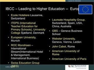 IBCC – Leading to Higher Education -- Europe
• Ecole Hoteliere Lausanne,
Switzerland
• ITEPS (International
Teacher Education for
Primary Schools), University
College Sjælland, Denmark

• Laureate Hospitality Group,
Switzerland, Spain, USA,
China, Australia
• GBS – Geneva Business
School

• European University,
Munich

• Webster University,
Geneva, Vienna, Leiden

• ROC Mondriaan –
International
Stream(International Hotel
& Management,
International Business)

• John Cabot, Rome

• Swiss Education Group
(SEG)

• American University of
Rome
• American University of Paris

 
