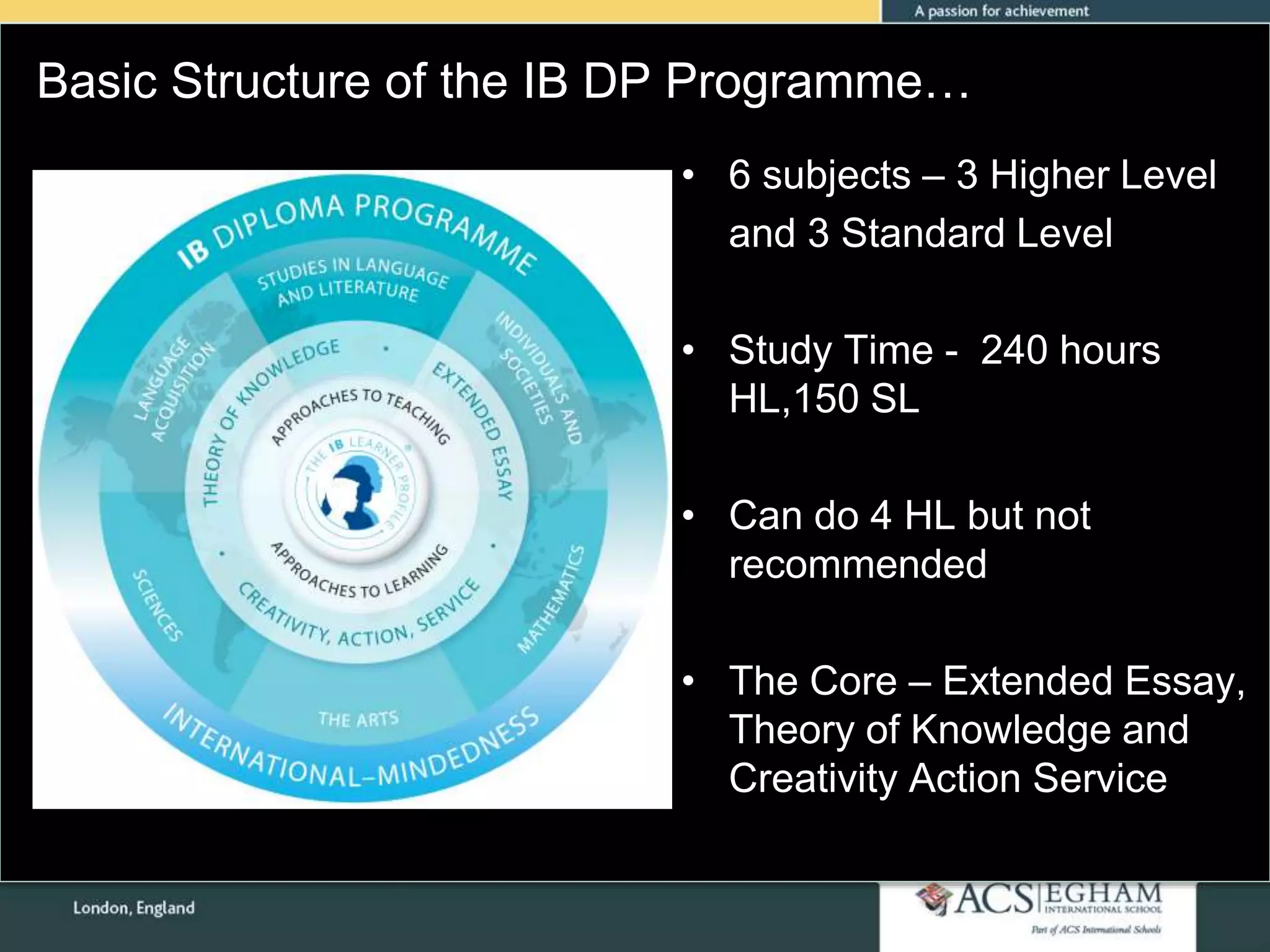 Basic Structure of the IB DP Programme…
• 6 subjects – 3 Higher Level
and 3 Standard Level
• Study Time - 240 hours
HL,150 SL
• Can do 4 HL but not
recommended
• The Core – Extended Essay,
Theory of Knowledge and
Creativity Action Service
Pg 7
 
