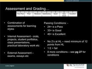 Assessment and Grading…
• Combination of
assessments for learning
styles
• Internal Assessment - orals,
projects, student portfolios,
class presentations,
practical laboratory work etc
• External Assessment –
exams, essays etc
Passing Conditions: -
• 24+ is a Pass
• 33+ is Good
• 40+ is Excellent
• No 2’s at HL – need minimum of 12
points from HL
• 1 E = fail
• 8 more conditions – see pg 27 for
conditions
 