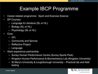 Example IBCP Programme
• Career-related programme: Sport and Exercise Science
• DP Courses:
– Language & Literature (SL or HL)
– Biology (SL or HL)
– Psychology (SL or HL)
• Core:
– ATL
– Community and Service
– Reflective Project
– Language
• Work experience partnership:
– Surrey Human Performance Centre (Surrey Sports Park)
– Kingston Human Performance & Biomechanics Lab (Kingston University)
– St Mary's University & Loughborough University – Practical lab and field
testing
 