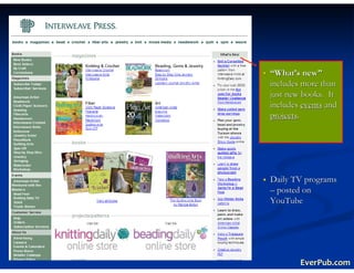 “What’s new”
includes more than
just new books. It
includes events and
projects.




Daily TV programs
– posted on
YouTube




        EverPub.com
 