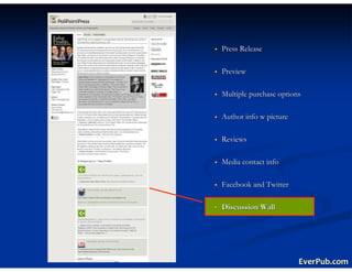 Press Release

Preview

Multiple purchase options

Author info w picture

Reviews

Media contact info

Facebook and Twitter

Discussion Wall




                        EverPub.com
 