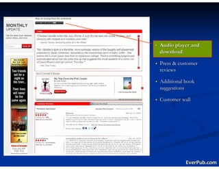Audio player and
download

Press & customer
reviews

Additional book
suggestions

Customer wall




           EverPub.com
 