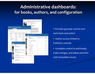 Administrative dashboards:
for books, authors, and configuration


                      Provides granular control over
                     each book and author

                       Author access limited to
                     Publisher controls

                       Complete control to add books,
                     make changes, and adjust priorities
                     with immediate results
 