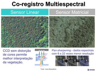 Co-registro Multiespectral Sensor Matricial CCD sem distorção de cores permite melhor interpretação da vegetação. Pan-sharpening  - dados espectrais com 8 a 22 vezes menor resolução Sensor Linear Fonte : Leica Geosystems 