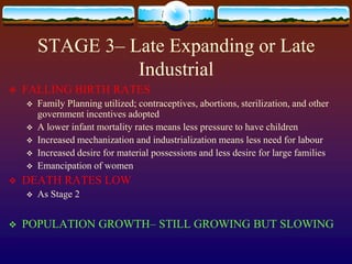 STAGE 3– Late Expanding or Late
                  Industrial
   FALLING BIRTH RATES
       Family Planning utilized; contraceptives, abortions, sterilization, and other
        government incentives adopted
       A lower infant mortality rates means less pressure to have children
       Increased mechanization and industrialization means less need for labour
       Increased desire for material possessions and less desire for large families
       Emancipation of women
   DEATH RATES LOW
       As Stage 2


   POPULATION GROWTH– STILL GROWING BUT SLOWING
 