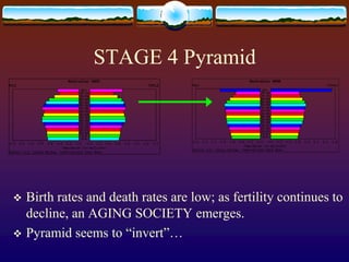 STAGE 4 Pyramid




 Birth rates and death rates are low; as fertility continues to
  decline, an AGING SOCIETY emerges.
 Pyramid seems to “invert”…
 