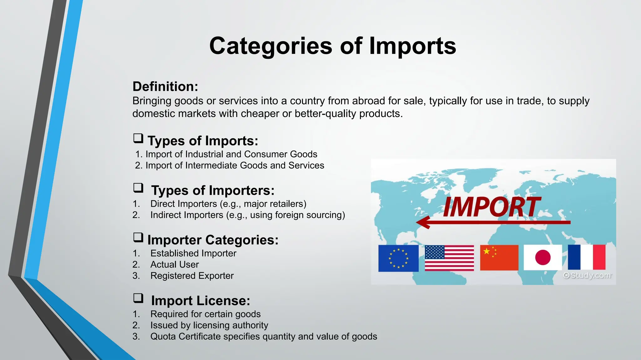 Categories of Imports
Definition:
Bringing goods or services into a country from abroad for sale, typically for use in trade, to supply
domestic markets with cheaper or better-quality products.
 Types of Imports:
1. Import of Industrial and Consumer Goods
2. Import of Intermediate Goods and Services
 Types of Importers:
1. Direct Importers (e.g., major retailers)
2. Indirect Importers (e.g., using foreign sourcing)
 Importer Categories:
1. Established Importer
2. Actual User
3. Registered Exporter
 Import License:
1. Required for certain goods
2. Issued by licensing authority
3. Quota Certificate specifies quantity and value of goods
 