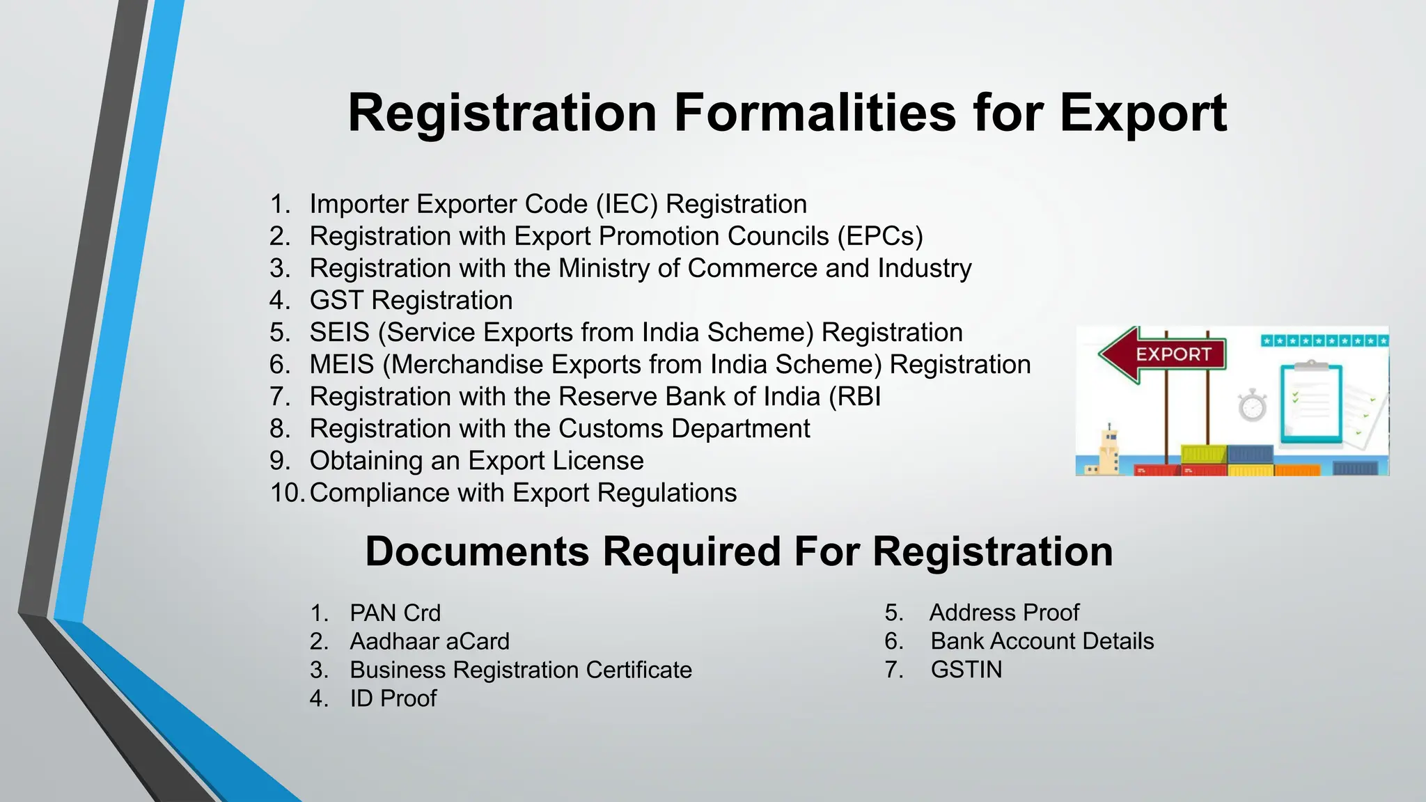 1. Importer Exporter Code (IEC) Registration
2. Registration with Export Promotion Councils (EPCs)
3. Registration with the Ministry of Commerce and Industry
4. GST Registration
5. SEIS (Service Exports from India Scheme) Registration
6. MEIS (Merchandise Exports from India Scheme) Registration
7. Registration with the Reserve Bank of India (RBI
8. Registration with the Customs Department
9. Obtaining an Export License
10.Compliance with Export Regulations
Registration Formalities for Export
Documents Required For Registration
1. PAN Crd
2. Aadhaar aCard
3. Business Registration Certificate
4. ID Proof
5. Address Proof
6. Bank Account Details
7. GSTIN
 