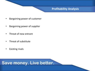 Profitability Analysis
• Bargaining power of customer
• Bargaining power of supplier
• Threat of new entrant
• Threat of substitute
• Existing rivals
 