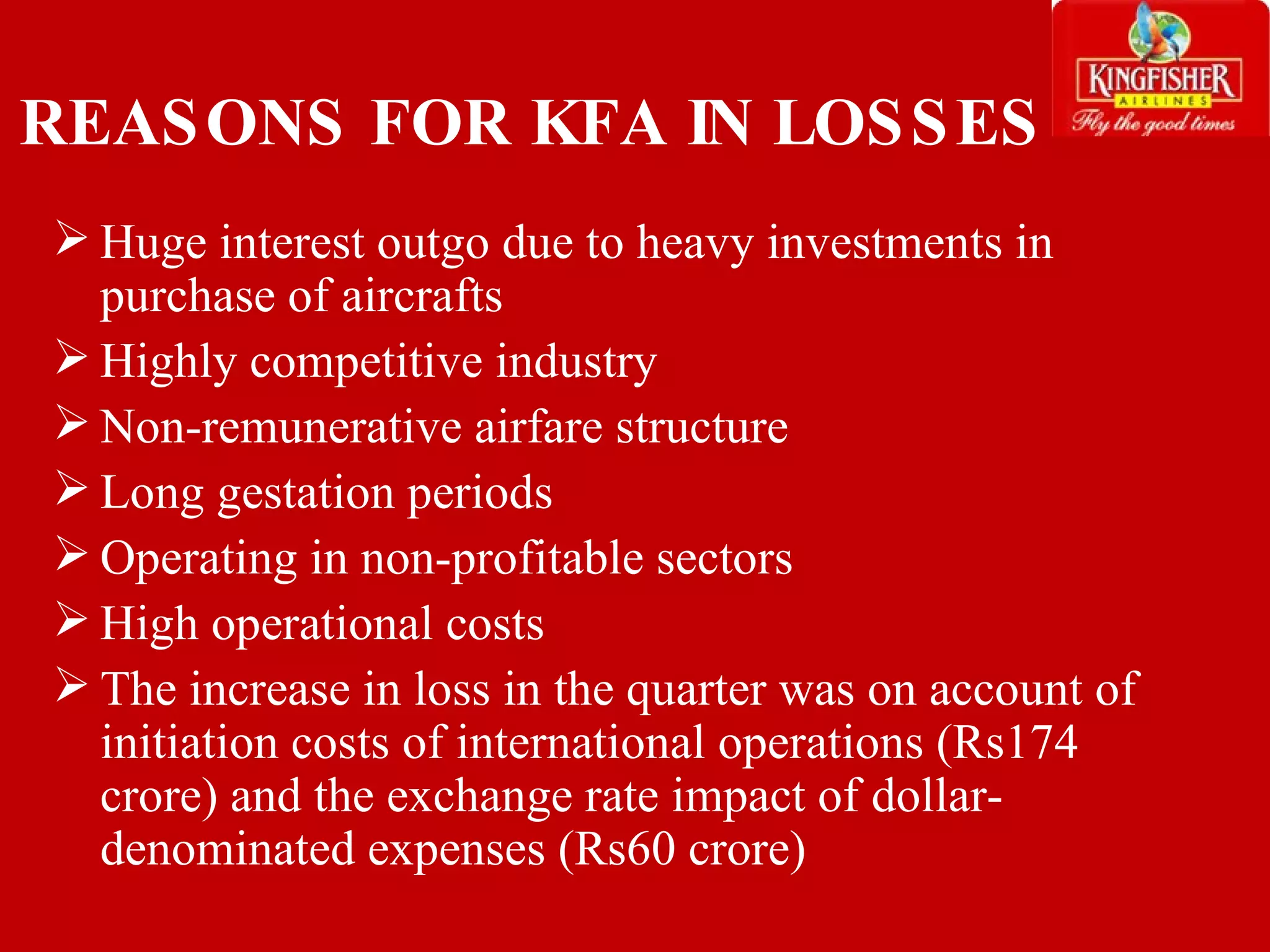REASONS FOR KFA IN LOSSES Huge interest outgo due to heavy investments in purchase of aircrafts Highly competitive industry Non-remunerative airfare structure Long gestation periods Operating in non-profitable sectors High operational costs The increase in loss in the quarter was on account of initiation costs of international operations (Rs174 crore) and the exchange rate impact of dollar-denominated expenses (Rs60 crore)   