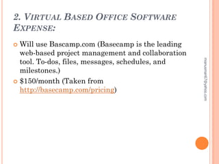 2. VIRTUAL BASED OFFICE SOFTWARE
EXPENSE:
 Will use Bascamp.com (Basecamp is the leading
web-based project management and collaboration
tool. To-dos, files, messages, schedules, and
milestones.)
 $150/month (Taken from
http://basecamp.com/pricing)
mianusman67@yahoo.com
 