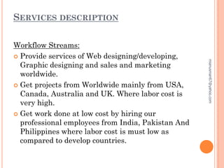 SERVICES DESCRIPTION
Workflow Streams:
 Provide services of Web designing/developing,
Graphic designing and sales and marketing
worldwide.
 Get projects from Worldwide mainly from USA,
Canada, Australia and UK. Where labor cost is
very high.
 Get work done at low cost by hiring our
professional employees from India, Pakistan And
Philippines where labor cost is must low as
compared to develop countries.
mianusman67@yahoo.com
 