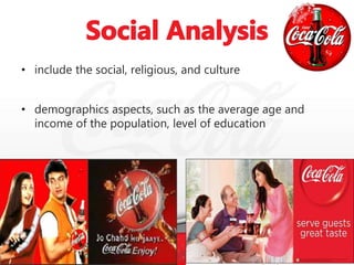 • include the social, religious, and culture
• demographics aspects, such as the average age and
income of the population, level of education
 