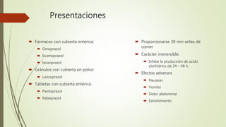 Presentaciones
 Farmacos con cubierta entérica:
 Omeprazol
 Esomeprazol
 lanzoprazol
 Gránulos con cubierta en polvo:
 Lanzoprazol
 Tabletas con cubierta entérica:
 Pantoprazol
 Rabeprazol
 Proporcionarse 30 min antes de
comer
 Carácter irreversible:
 Inhibe la producción de acido
clorhídrico de 24 – 48 h.
 Efectos adversos
 Nauseas
 Vomito
 Dolor abdominal
 Estreñimiento
 