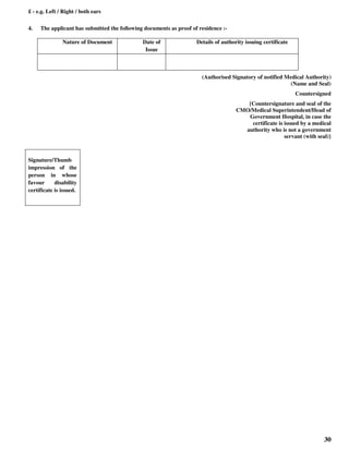 30
£ - e.g. Left / Right / both ears
4. The applicant has submitted the following documents as proof of residence :-
Nature of Document Date of
Issue
Details of authority issuing certificate
(Authorised Signatory of notified Medical Authority)
(Name and Seal)
Countersigned
{Countersignature and seal of the
CMO/Medical Superintendent/Head of
Government Hospital, in case the
certificate is issued by a medical
authority who is not a government
servant (with seal)}
Signature/Thumb
impression of the
person in whose
favour disability
certificate is issued.
 