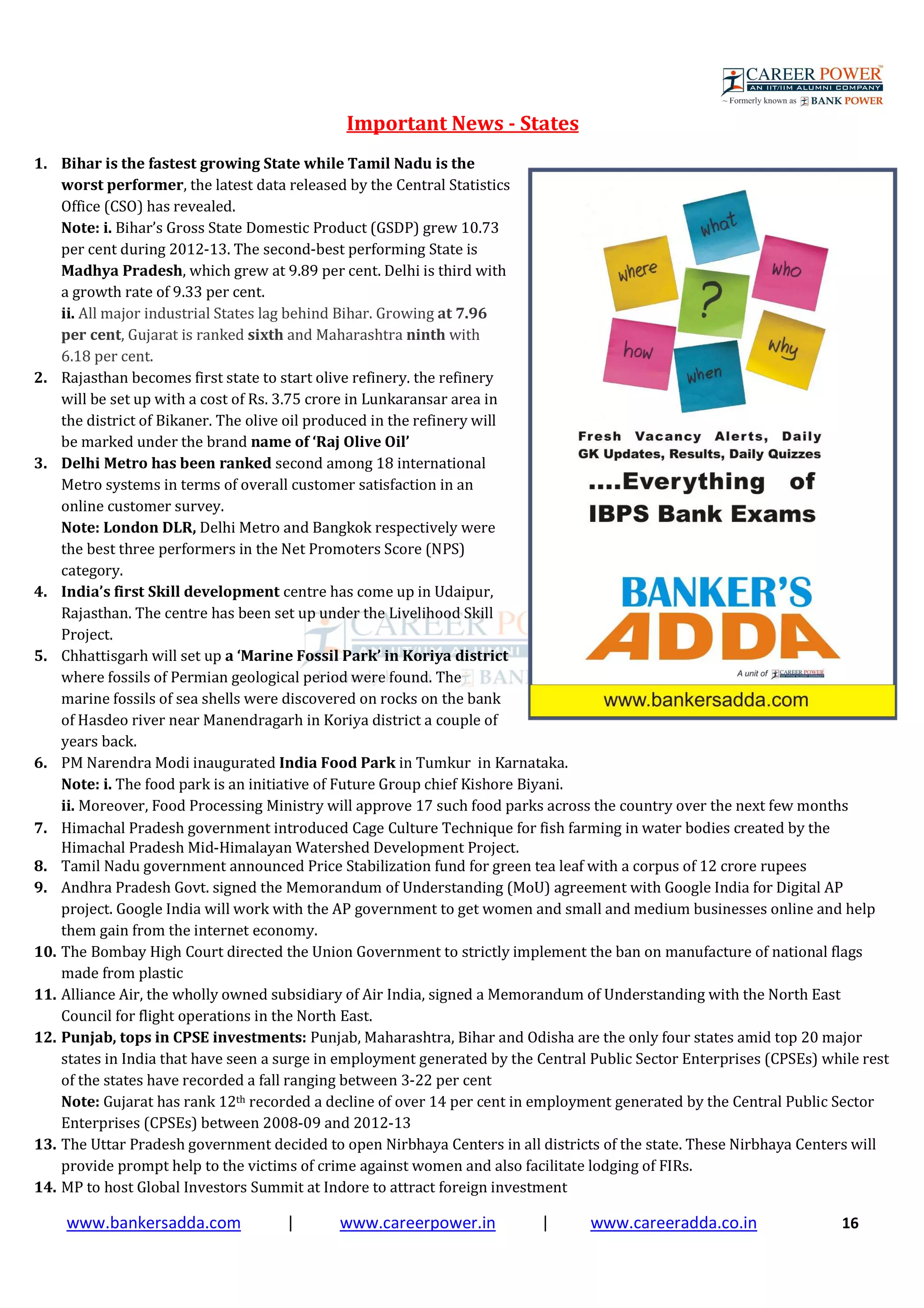 www.bankersadda.com | www.careerpower.in | www.careeradda.co.in 16
Important News - States
1. Bihar is the fastest growing State while Tamil Nadu is the
worst performer, the latest data released by the Central Statistics
Office (CSO) has revealed.
Note: i. Bihar’s Gross State Domestic Product (GSDP) grew 10.73
per cent during 2012-13. The second-best performing State is
Madhya Pradesh, which grew at 9.89 per cent. Delhi is third with
a growth rate of 9.33 per cent.
ii. All major industrial States lag behind Bihar. Growing at 7.96
per cent, Gujarat is ranked sixth and Maharashtra ninth with
6.18 per cent.
2. Rajasthan becomes first state to start olive refinery. the refinery
will be set up with a cost of Rs. 3.75 crore in Lunkaransar area in
the district of Bikaner. The olive oil produced in the refinery will
be marked under the brand name of ‘Raj Olive Oil’
3. Delhi Metro has been ranked second among 18 international
Metro systems in terms of overall customer satisfaction in an
online customer survey.
Note: London DLR, Delhi Metro and Bangkok respectively were
the best three performers in the Net Promoters Score (NPS)
category.
4. India’s first Skill development centre has come up in Udaipur,
Rajasthan. The centre has been set up under the Livelihood Skill
Project.
5. Chhattisgarh will set up a ‘Marine Fossil Park’ in Koriya district
where fossils of Permian geological period were found. The
marine fossils of sea shells were discovered on rocks on the bank
of Hasdeo river near Manendragarh in Koriya district a couple of
years back.
6. PM Narendra Modi inaugurated India Food Park in Tumkur in Karnataka.
Note: i. The food park is an initiative of Future Group chief Kishore Biyani.
ii. Moreover, Food Processing Ministry will approve 17 such food parks across the country over the next few months
7. Himachal Pradesh government introduced Cage Culture Technique for fish farming in water bodies created by the
Himachal Pradesh Mid-Himalayan Watershed Development Project.
8. Tamil Nadu government announced Price Stabilization fund for green tea leaf with a corpus of 12 crore rupees
9. Andhra Pradesh Govt. signed the Memorandum of Understanding (MoU) agreement with Google India for Digital AP
project. Google India will work with the AP government to get women and small and medium businesses online and help
them gain from the internet economy.
10. The Bombay High Court directed the Union Government to strictly implement the ban on manufacture of national flags
made from plastic
11. Alliance Air, the wholly owned subsidiary of Air India, signed a Memorandum of Understanding with the North East
Council for flight operations in the North East.
12. Punjab, tops in CPSE investments: Punjab, Maharashtra, Bihar and Odisha are the only four states amid top 20 major
states in India that have seen a surge in employment generated by the Central Public Sector Enterprises (CPSEs) while rest
of the states have recorded a fall ranging between 3-22 per cent
Note: Gujarat has rank 12th recorded a decline of over 14 per cent in employment generated by the Central Public Sector
Enterprises (CPSEs) between 2008-09 and 2012-13
13. The Uttar Pradesh government decided to open Nirbhaya Centers in all districts of the state. These Nirbhaya Centers will
provide prompt help to the victims of crime against women and also facilitate lodging of FIRs.
14. MP to host Global Investors Summit at Indore to attract foreign investment
 