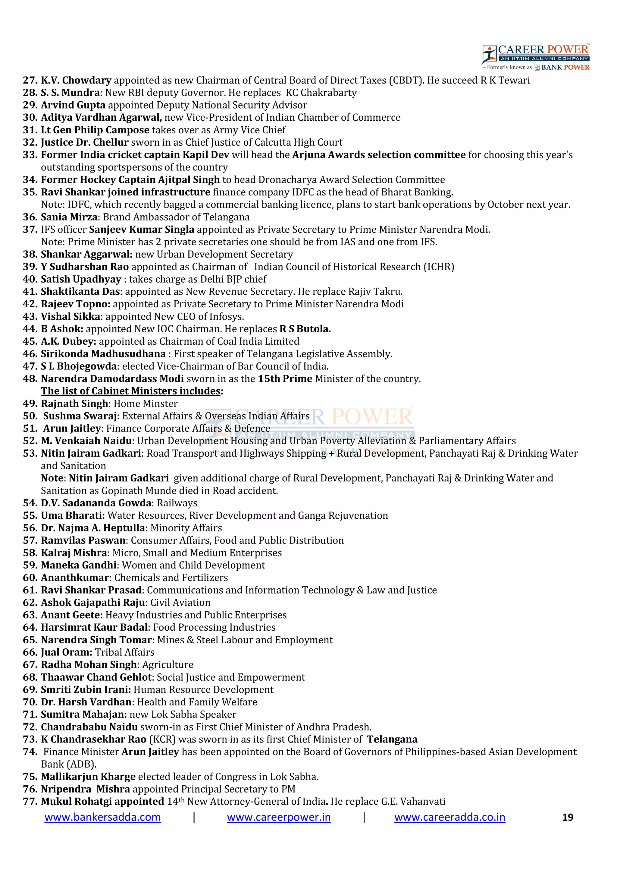 www.bankersadda.com | www.careerpower.in | www.careeradda.co.in 19
27. K.V. Chowdary appointed as new Chairman of Central Board of Direct Taxes (CBDT). He succeed R K Tewari
28. S. S. Mundra: New RBI deputy Governor. He replaces KC Chakrabarty
29. Arvind Gupta appointed Deputy National Security Advisor
30. Aditya Vardhan Agarwal, new Vice-President of Indian Chamber of Commerce
31. Lt Gen Philip Campose takes over as Army Vice Chief
32. Justice Dr. Chellur sworn in as Chief Justice of Calcutta High Court
33. Former India cricket captain Kapil Dev will head the Arjuna Awards selection committee for choosing this year's
outstanding sportspersons of the country
34. Former Hockey Captain Ajitpal Singh to head Dronacharya Award Selection Committee
35. Ravi Shankar joined infrastructure finance company IDFC as the head of Bharat Banking.
Note: IDFC, which recently bagged a commercial banking licence, plans to start bank operations by October next year.
36. Sania Mirza: Brand Ambassador of Telangana
37. IFS officer Sanjeev Kumar Singla appointed as Private Secretary to Prime Minister Narendra Modi.
Note: Prime Minister has 2 private secretaries one should be from IAS and one from IFS.
38. Shankar Aggarwal: new Urban Development Secretary
39. Y Sudharshan Rao appointed as Chairman of Indian Council of Historical Research (ICHR)
40. Satish Upadhyay : takes charge as Delhi BJP chief
41. Shaktikanta Das: appointed as New Revenue Secretary. He replace Rajiv Takru.
42. Rajeev Topno: appointed as Private Secretary to Prime Minister Narendra Modi
43. Vishal Sikka: appointed New CEO of Infosys.
44. B Ashok: appointed New IOC Chairman. He replaces R S Butola.
45. A.K. Dubey: appointed as Chairman of Coal India Limited
46. Sirikonda Madhusudhana : First speaker of Telangana Legislative Assembly.
47. S L Bhojegowda: elected Vice-Chairman of Bar Council of India.
48. Narendra Damodardass Modi sworn in as the 15th Prime Minister of the country.
The list of Cabinet Ministers includes:
49. Rajnath Singh: Home Minster
50. Sushma Swaraj: External Affairs & Overseas Indian Affairs
51. Arun Jaitley: Finance Corporate Affairs & Defence
52. M. Venkaiah Naidu: Urban Development Housing and Urban Poverty Alleviation & Parliamentary Affairs
53. Nitin Jairam Gadkari: Road Transport and Highways Shipping + Rural Development, Panchayati Raj & Drinking Water
and Sanitation
Note: Nitin Jairam Gadkari given additional charge of Rural Development, Panchayati Raj & Drinking Water and
Sanitation as Gopinath Munde died in Road accident.
54. D.V. Sadananda Gowda: Railways
55. Uma Bharati: Water Resources, River Development and Ganga Rejuvenation
56. Dr. Najma A. Heptulla: Minority Affairs
57. Ramvilas Paswan: Consumer Affairs, Food and Public Distribution
58. Kalraj Mishra: Micro, Small and Medium Enterprises
59. Maneka Gandhi: Women and Child Development
60. Ananthkumar: Chemicals and Fertilizers
61. Ravi Shankar Prasad: Communications and Information Technology & Law and Justice
62. Ashok Gajapathi Raju: Civil Aviation
63. Anant Geete: Heavy Industries and Public Enterprises
64. Harsimrat Kaur Badal: Food Processing Industries
65. Narendra Singh Tomar: Mines & Steel Labour and Employment
66. Jual Oram: Tribal Affairs
67. Radha Mohan Singh: Agriculture
68. Thaawar Chand Gehlot: Social Justice and Empowerment
69. Smriti Zubin Irani: Human Resource Development
70. Dr. Harsh Vardhan: Health and Family Welfare
71. Sumitra Mahajan: new Lok Sabha Speaker
72. Chandrababu Naidu sworn-in as First Chief Minister of Andhra Pradesh.
73. K Chandrasekhar Rao (KCR) was sworn in as its first Chief Minister of Telangana
74. Finance Minister Arun Jaitley has been appointed on the Board of Governors of Philippines-based Asian Development
Bank (ADB).
75. Mallikarjun Kharge elected leader of Congress in Lok Sabha.
76. Nripendra Mishra appointed Principal Secretary to PM
77. Mukul Rohatgi appointed 14th New Attorney-General of India. He replace G.E. Vahanvati
 