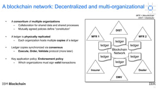 10
A blockchain network: Decentralized and multi-organizational
• A consortium of multiple organizations
– Collaboration for shared data and shared processes
– Mutually agreed policies define “constitution”
• A ledger is physically replicated
– Each organization hosts multiple copies of a ledger
• Ledger copies synchronized via consensus
– Execute, Order, Validate protocol (more later)
• Key application policy: Endorsement policy
– Which organizations must sign valid transactions
DIST
MFR 2
Blockchain
Network
MFR 1
Insurer
DMV
Dealer
ledger
ledger
ledger
ledger ledger
ledger
MFR = Manufacturer
DIST = Distributor
 