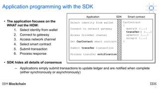 15
Application programming with the SDK
• The application focuses on the
WHAT not the HOW:
1. Select identity from wallet
2. Connect to gateway
3. Access network channel
4. Select smart contract
5. Submit transaction
6. Process response
• SDK hides all details of consensus
Select identity from wallet
Connect to network gateway
Access DriveNet channel
Get CarContact smart contract
Submit transfer transaction
Process transfer notification
CarContract
{
query() {...}
transfer() {...}
update() {...}
scrap() {...}
}
SDKApplication Smart contract
– Applications simply submit transactions to update ledger and are notified when complete
(either synchronously or asynchronously)
 