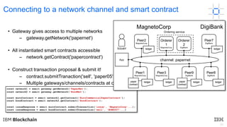 20
Connecting to a network channel and smart contract
• Gateway gives access to multiple networks
– gateway.getNetwork('papernet')
• All instantiated smart contracts accessible
– network.getContract('papercontract')
• Construct transaction proposal & submit it!
– contract.submitTranaction('sell', 'paper05')
– Multiple gateways/channels/contracts at once!
const network1 = await gateway.getNetwork('PaperNet');
const network2 = await gateway.getNetwork('BondNet');
const euroContract = await network1.getContract('EuroCommercialPaperContract');
const bondContract = await network2.getContract('BondContract');
const issueResponse = await euroContract.submitTransaction('issue', 'MagnetoCorp'...);
const issueResponse = await bondContract.submitTransaction('sell', 'BOND007'...)
MagnetoCorp DigiBank
issuer
App channel: papernet
Peer9
DigiBank
paper
contract
ledger
Peer1
MagnetoCorp
paper
contract
ledger
Orderer
1
MagnetoCorp
Orderer
2
DigiBank
Ordering service
Peer3
MagnetoCorp
ledger
Peer8
DigiBank
ledger
Peer2
MagnetoCorp
ledger
Peer7
DigiBank
ledger
 