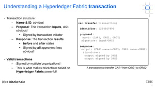 6
Understanding a Hyperledger Fabric transaction
car transfer transaction:
identifier: 1234567890
proposal:
input: {CAR1, ORG1, ORG2}
signature: input*ORG1
response:
output: {CAR1.owner=ORG1, CAR1.owner=ORG2}
signatures:
output signed by ORG1
output signed by ORG2
A transaction to transfer CAR1 from ORG1 to ORG2
• Transaction structure:
– Name & ID: obvious!
– Proposal: The transaction inputs, also
obvious!
• Signed by transaction initiator
– Response: The transaction results
• before and after states
• Signed by all approvers: less
obvious!
• Valid transactions
– Signed by multiple organizations!
– This is what makes blockchain based on
Hyperledger Fabric powerful!
 