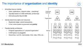 9
The importance of organization and identity
• All entities have an identity
– Users, applications, network nodes... everything!
– Typically based on X.509 certificates, private keys
– CN=Anthony/OU=Dev/O=IBM
• Identity determines rights over resources
– Read/write ledger, submit transactions...
– In fact, entire system is governed using policy
• Flexible identity architecture
– N logical organizations in 1 physical organization
– X.509 typical, but pluggable
– Hierarchies: root CA, intermediate, OUs, roles, CRLs etc...
Organization
Certificate
Authority
Identity
CA1 CA2
O1
P
u
P
u
O2
P
u
P
u
O3
P
u
 