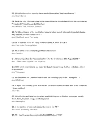 Q3. Which Indian co has launched a new subsidiary called Wayfarers Brands ?
Ans. Bata India Ltd
Q4. Rank the elite US universities in the order of the one founded earliest to the one latest a)
Princeton b) Yale c) Harvard d) Stanford
Ans. Harvard, Yale, Princeton, Stanford
Q5. Ford Edsel is one of the most talked about product launch failures in the auto industry.
Why was the product named Edsel ?
Ans. Edsel Ford, son of Ford family
Q6 RBI is worried about the rising instances of FICN. What is FICN ?
Ans. Fake Indian Currency Notes
Q7. What is the new name for Bayer Material Science ?
Ans. Covestro
Q 1. What unique feat did Facebook achieve for the first time on 24th August 2015 ?
Ans. 1 Billion users logged in on a single day
Q 2. With which international car major did Suzuki have a tie-up that has ended as a failed
relationship ?
Ans. Volkswagen
Q3. Which former SBI Chairman has written his autobiography titled ” No regrets” ?
Ans. D.N.Ghosh
Q4. In April-June 2015 Q, Apple Watch is No 2 in the wearables market. Who is the current No
1 in wearables ?
Ans. Fitbit
Q5. Which Indian web-site has launched a rail booking app in 5 Indian languages namely
Hindi, Tamil, Gujarati, telugu and Malayalam ?
Ans. MakeMyTrip
Q6. In the context of corporate accounts, what is Ind-AS ?
Ans. Indian Accounting Standards
Q7. Why has Cognizant complained to NASSCOM about TCS ?
 