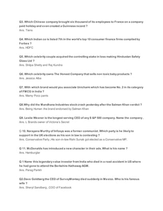 Q3. Which Chinese company brought six thousand of its employees to France on a company
paid holiday and even created a Guinness record ?
Ans. Tiens
Q4. Which Indian co is listed 7th in the world’s top 10 consumer finance firms compiled by
Forbes ?
Ans. HDFC
Q5. Which celebrity couple acquired the controlling stake in loss making Hindustan Safety
Glass Ltd ?
Ans. Shilpa Shetty and Raj Kundra
Q6. Which celebrity owns The Honest Company that sells non toxic baby products ?
Ans. Jessica Alba
Q7. With which brand would you associate Unicharm which has become No. 2 in its category
of FMCG in India ?
Ans. Mamy Poco pants
Q8.Why did the Mandhana Industries stock crash yesterday after the Salman Khan verdict ?
Ans. Being Human the brand endorsed by Salman Khan
Q9. Leslie Wexner is the longest serving CEO of any S &P 500 company. Name the company .
Ans. L Brands owner of Victoria’s Secret
Q 10. Narayana Murthy of Infosys was a former communist. Which party is he likely to
support in the UK elections as his son in law is contesting ?
Ans. Conservative Party..His son-in-law Rishi Sunak got elected as a Conservative MP.
Q 11. McDonalds has introduced a new character in their ads. What is his name ?
Ans. Hamburglar
Q 1 Name this legendary value investor from India who died in a road accident in US where
he had gone to attend the Berkshire Hathaway AGM.
Ans. Parag Parikh
Q2.Dave Goldberg the CEO of SurveyMonkey died suddenly in Mexico. Who is his famous
wife ?
Ans. Sheryl Sandberg , COO of Facebook
 